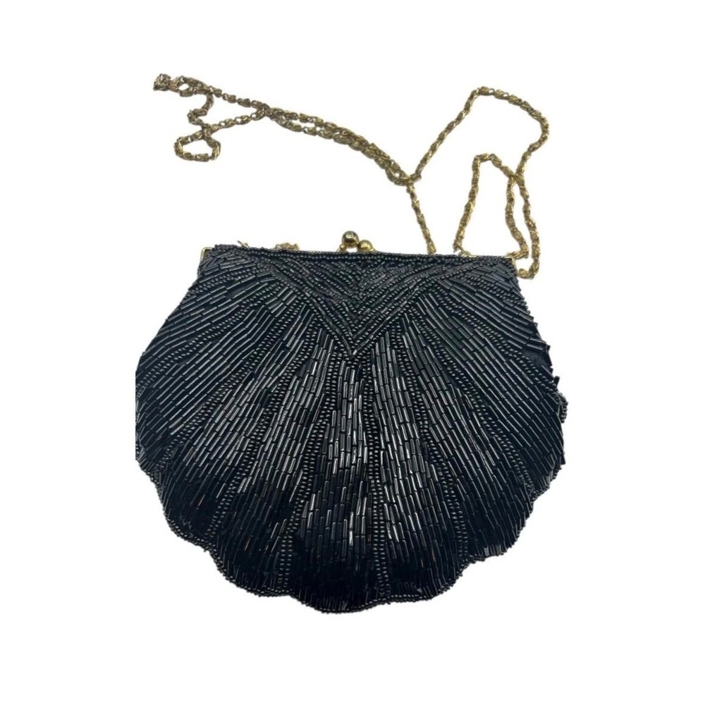 Regale Ltd Evening Bag OS Black Beaded Shell Clutch Crossbody Vintage Style